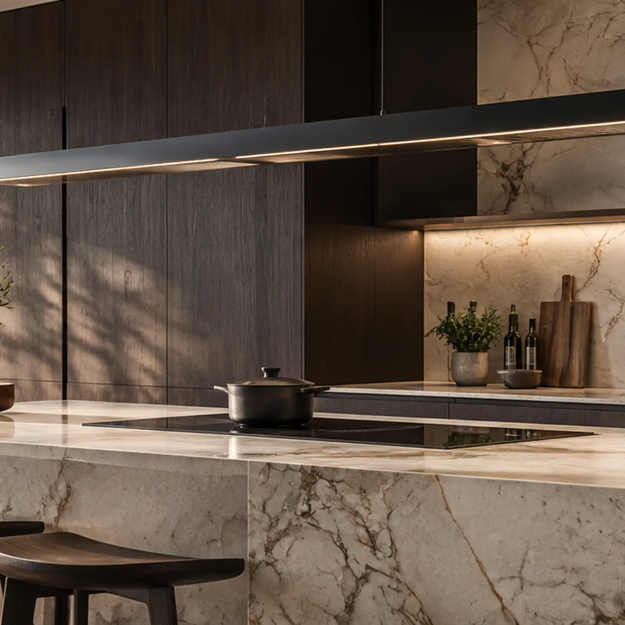 Luxe keuken met marmeren eiland en tuinzicht