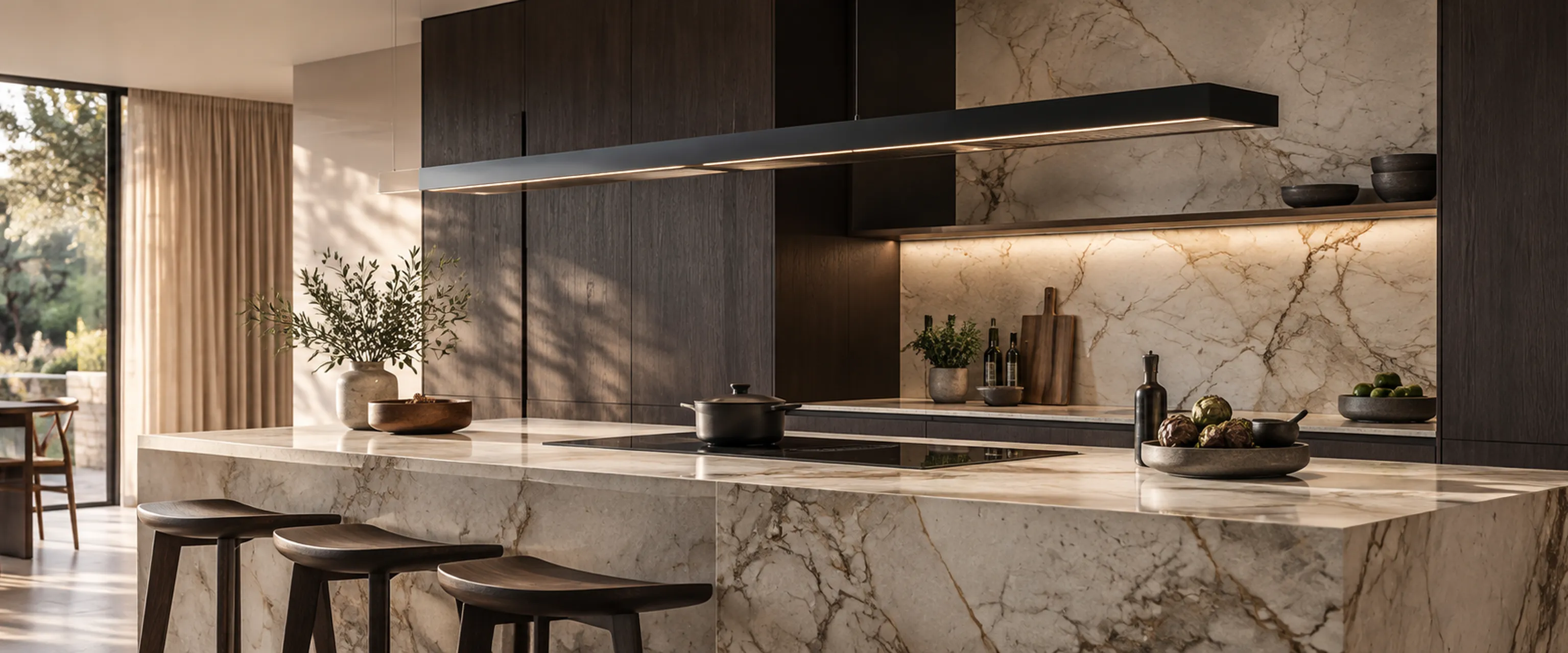 Luxe keuken met marmeren eiland en tuinzicht