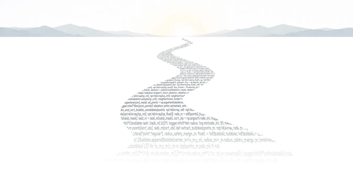 Illustration of a swan formed from lines of Python code, set against a pale mountain landscape
