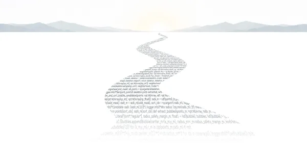 Illustration of a swan formed from lines of Python code, set against a pale mountain landscape