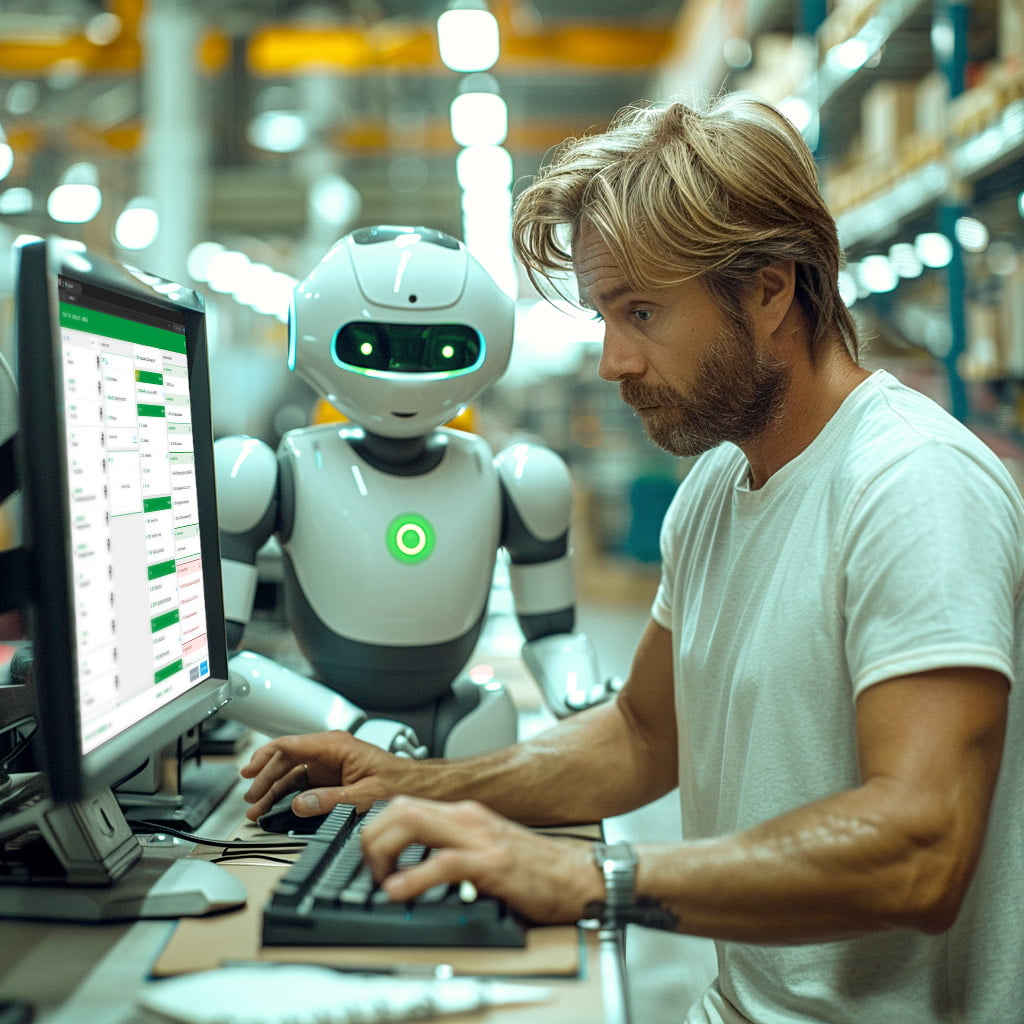 Illustration of a bearded warehouse worker at a computer terminal, working alongside a friendly humanoid robot with a glowing green chest light, reviewing data together on the screen