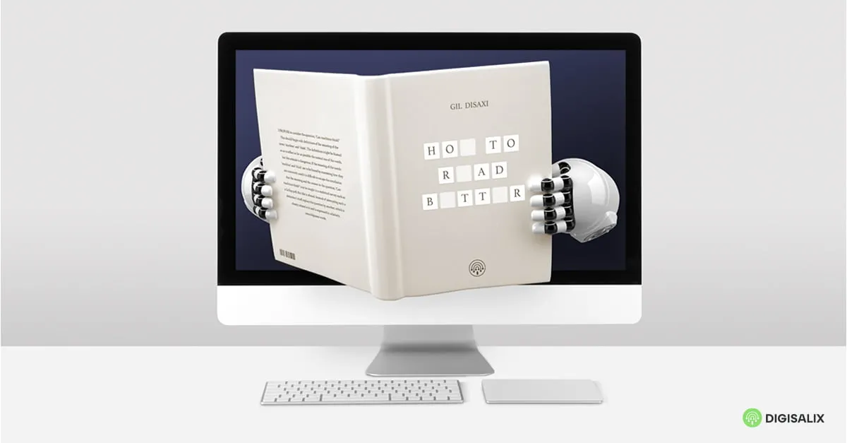 Illustration of robotic hands emerging from a computer screen, arranging letter tiles that spell 'How to read better' on an open book