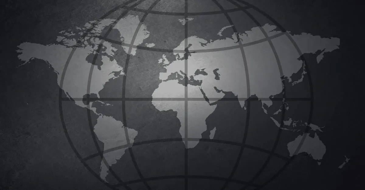 Dark, textured illustration of a world map overlaid with a globe's grid of latitude and longitude lines