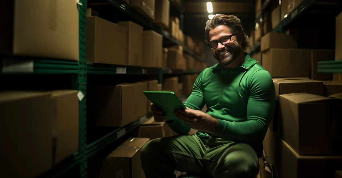 A warehouse worker in a green uniform smiles while checking a tablet among rows of cardboard boxes on shelving