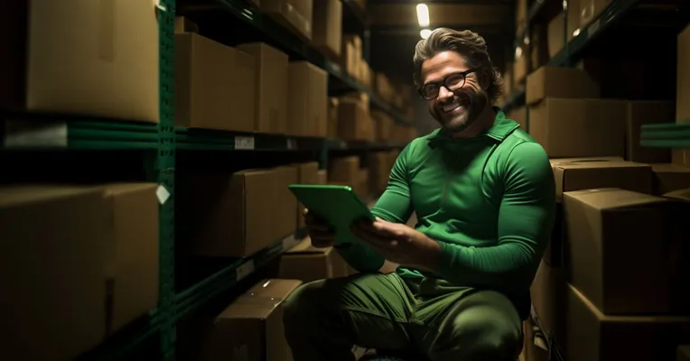 A warehouse worker in a green uniform smiles while checking a tablet among rows of cardboard boxes on shelving