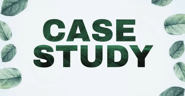 CASE STUDY text over a dark green leaf-textured background, framed by illustrated eucalyptus leaves in the corners