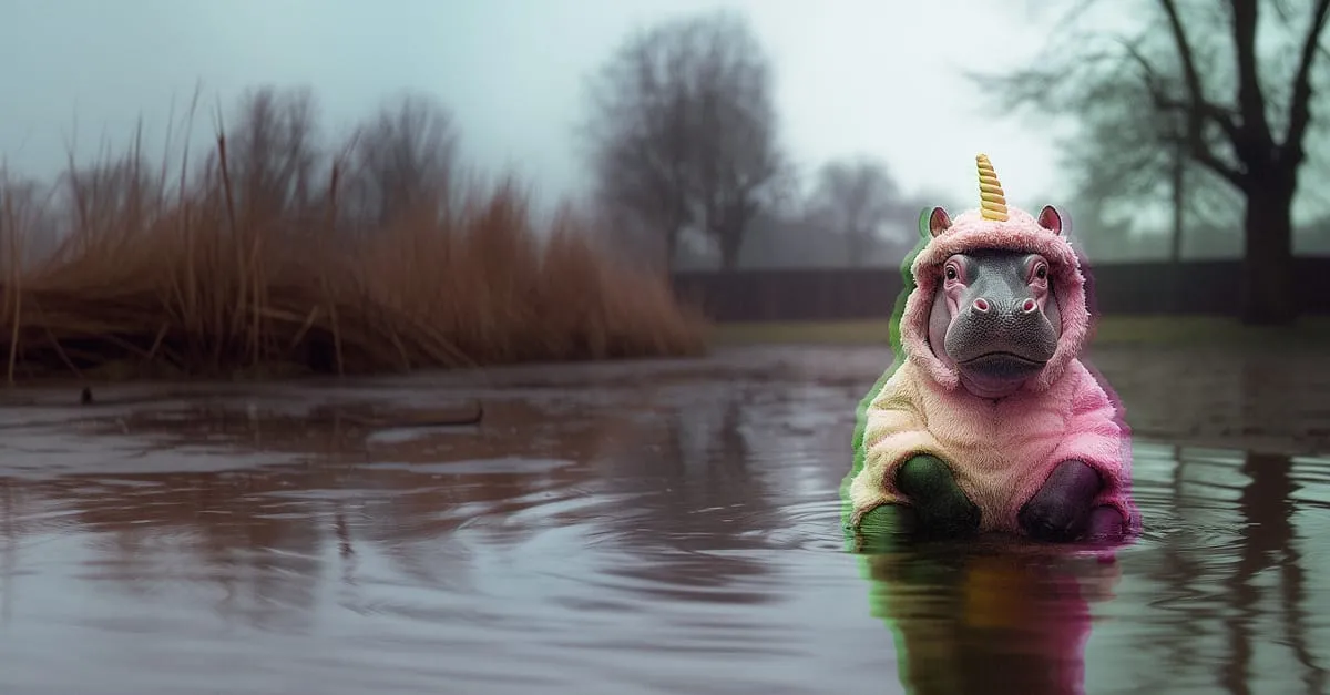 A hippo wearing a pink and yellow unicorn costume with a golden horn, standing in a misty pond surrounded by reeds and bare trees
