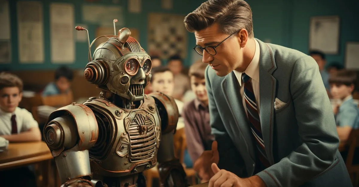 AI-generated illustration of a retro, steampunk-style robot standing in a 1950s classroom while a bespectacled teacher in a suit leans down to speak with it, surrounded by schoolboys at their desks