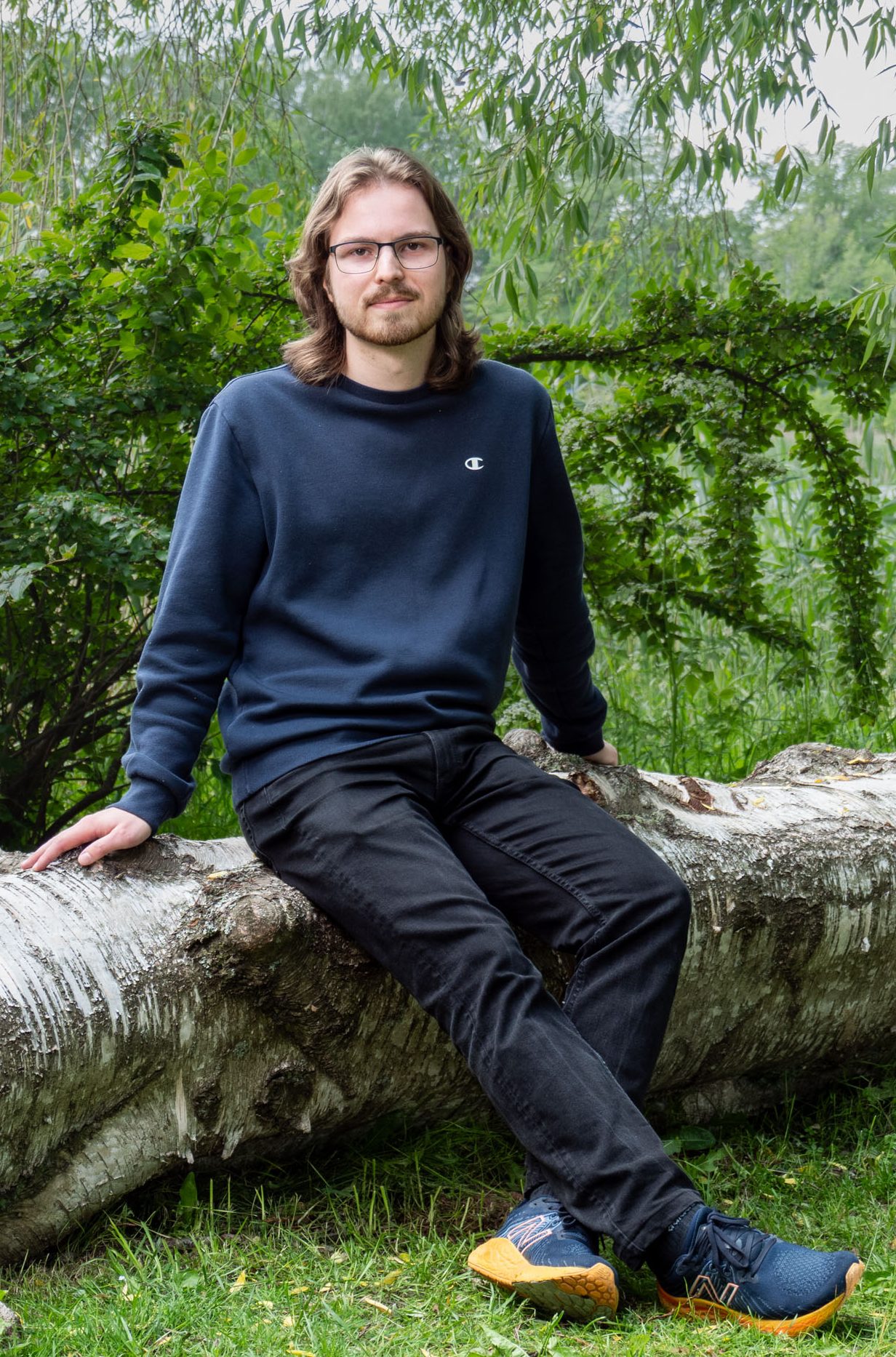 Sampo sitting on a birch log surrounded by greenery, looking at the camera
