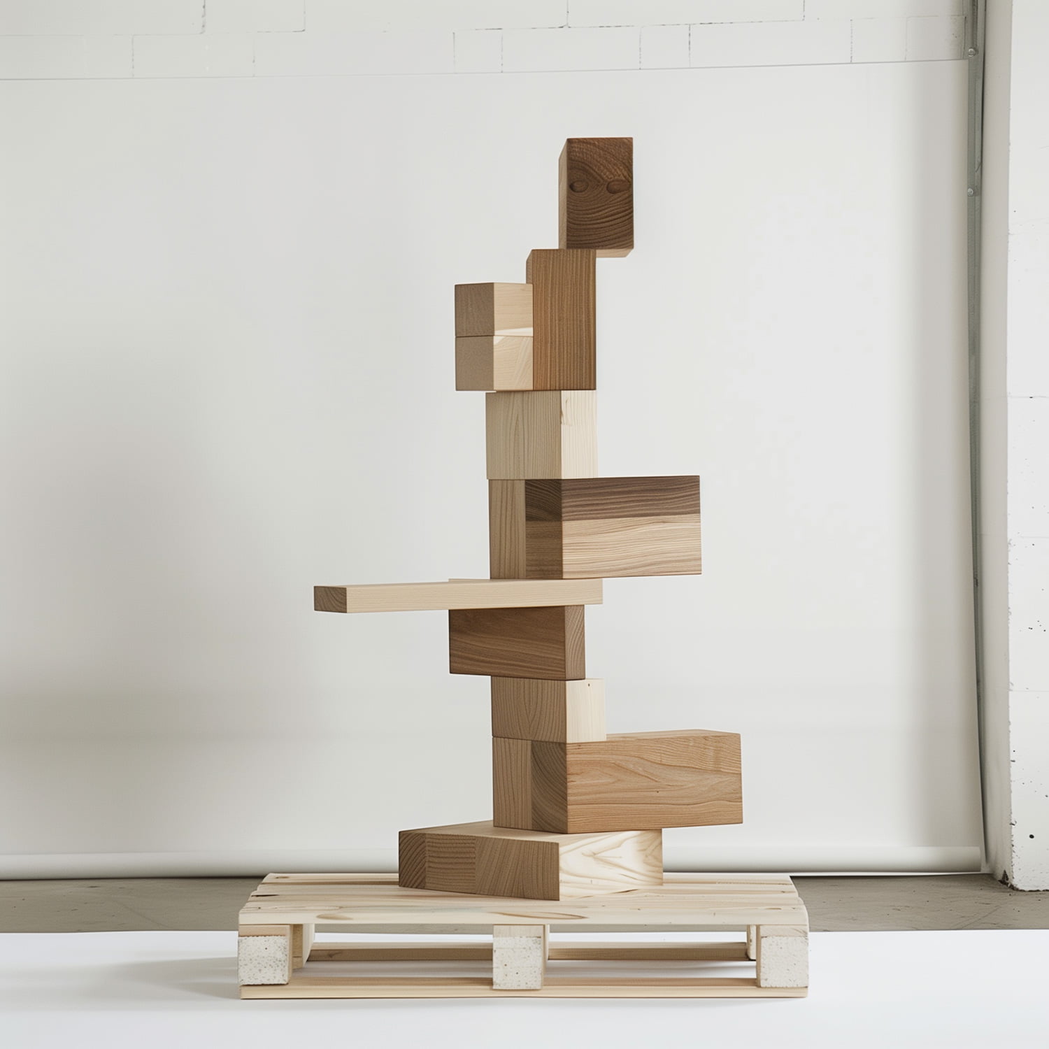 A tall, precariously stacked tower of wooden blocks of different shapes and tones, balanced on a wooden pallet in a plain white studio space.