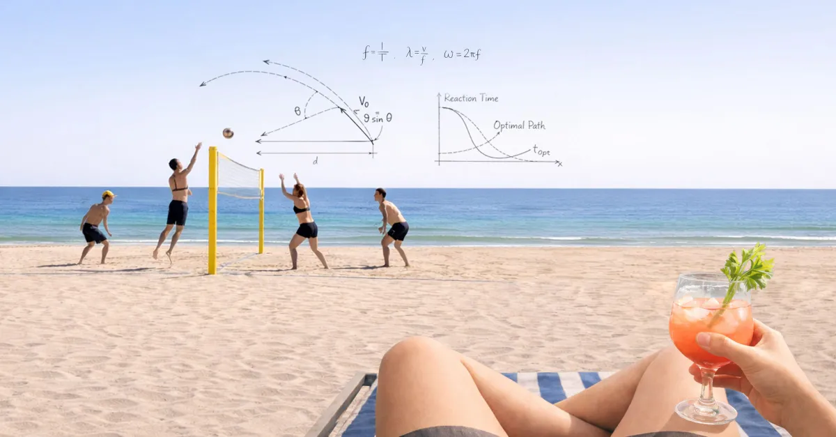 A beach volleyball game with physics equations and a reaction-time graph sketched over the sky, while someone in the foreground relaxes on a lounge chair with a cocktail