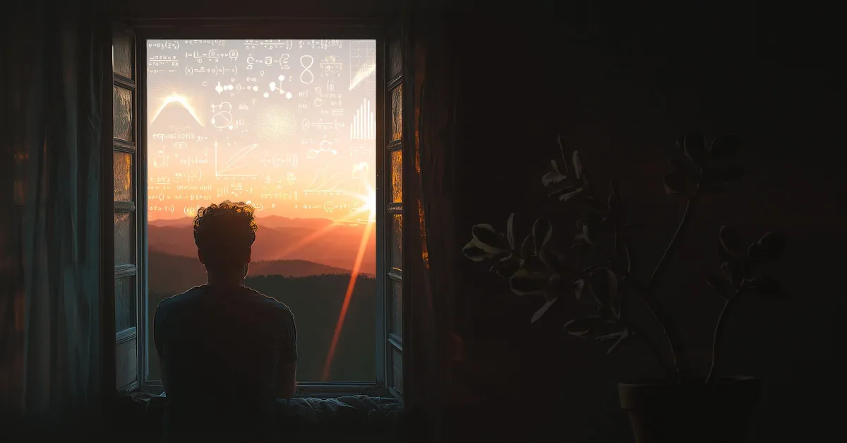 A person looking out an open window at a mountain sunset, with mathematical equations and graphs illustrated across the sky