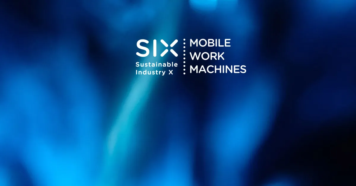 SIX Mobile Work Machines cluster logo over an abstract blue background