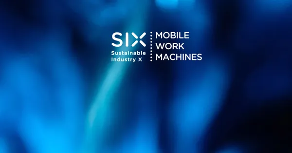 SIX Mobile Work Machines cluster logo over an abstract blue background