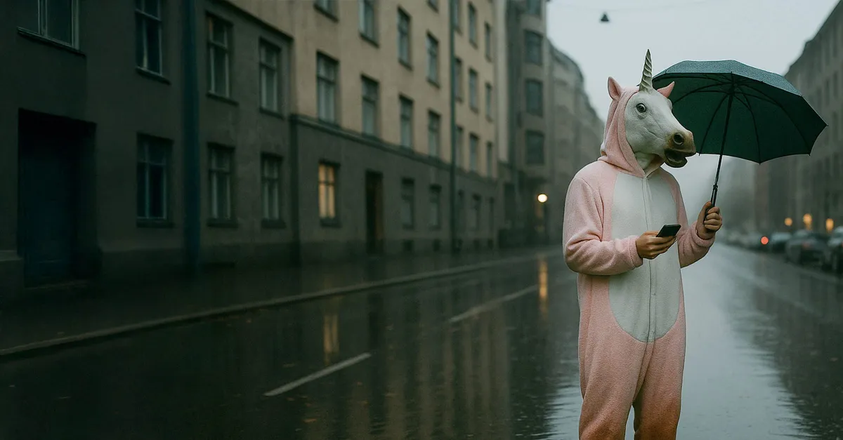 A person in a pink unicorn onesie stands on a rainy Helsinki street at dusk, holding a green umbrella and checking their phone.