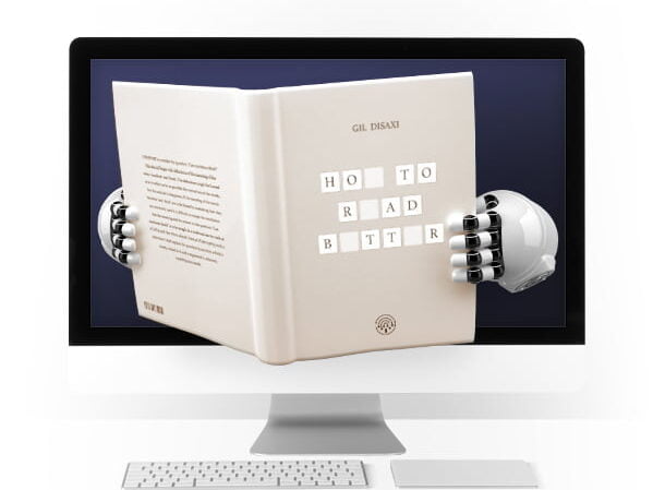 Robot hand assembling word tiles spelling 'how to read better' on an open book displayed on a laptop screen