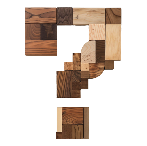 A question mark shape built from wooden blocks and offcuts in different tones, echoing a puzzle made of furniture parts.