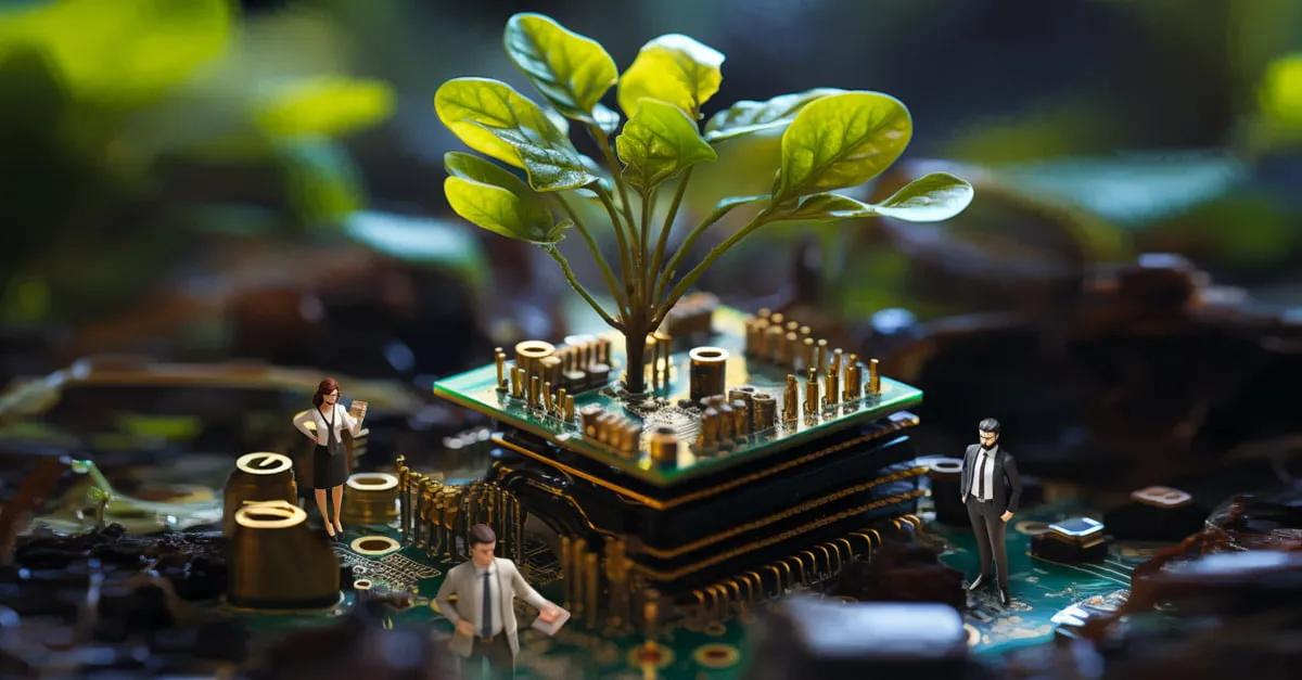 Illustration of a plant growing out of a computer circuit board, with tiny business-suited figures standing around it