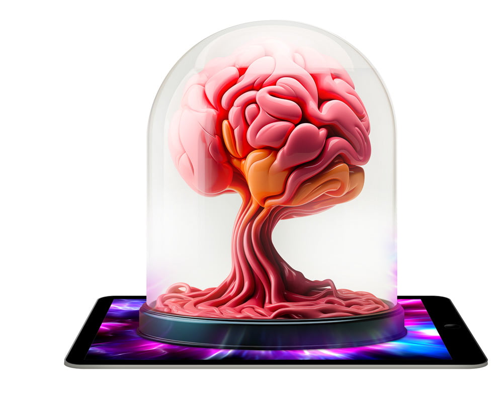 3D illustration of a brain-shaped tree growing inside a glass dome, standing on a tablet lit from below with purple light