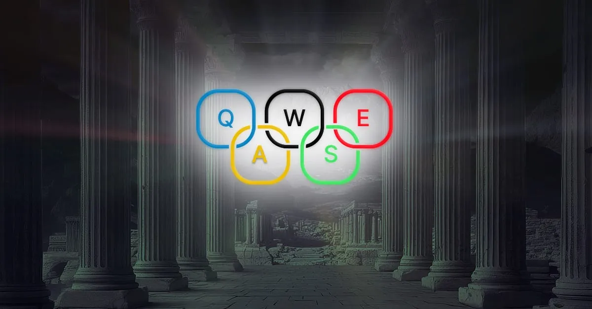 The Olympic rings reimagined with keyboard keys Q, W, E, A, and S in place of the usual colours, glowing in front of a dim classical stone colonnade