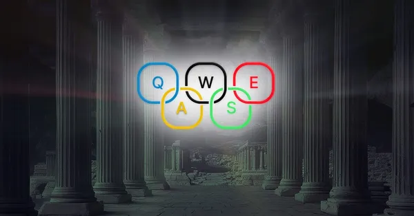 The Olympic rings reimagined with keyboard keys Q, W, E, A, and S in place of the usual colours, glowing in front of a dim classical stone colonnade