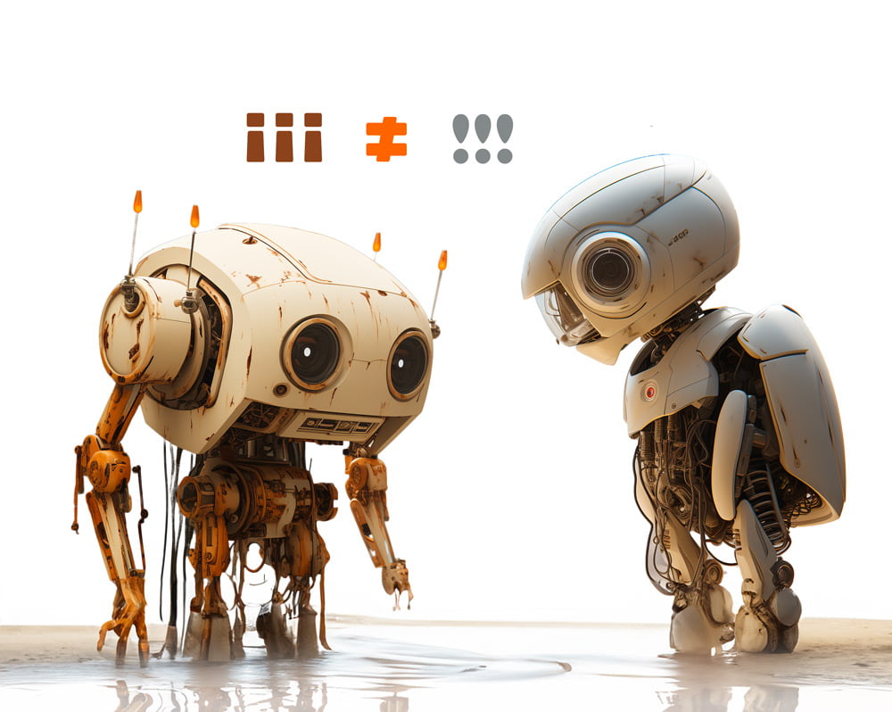 Illustration of two robots facing each other in a shallow puddle, one rusty and worn, the other clean and pristine, with the symbols 'iii ≠ !!!' between them