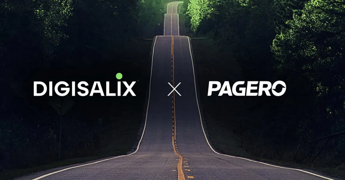 Digisalix and Pagero logos joined by an 'X', shown over a photo of a steep, winding road cutting through a dark forest
