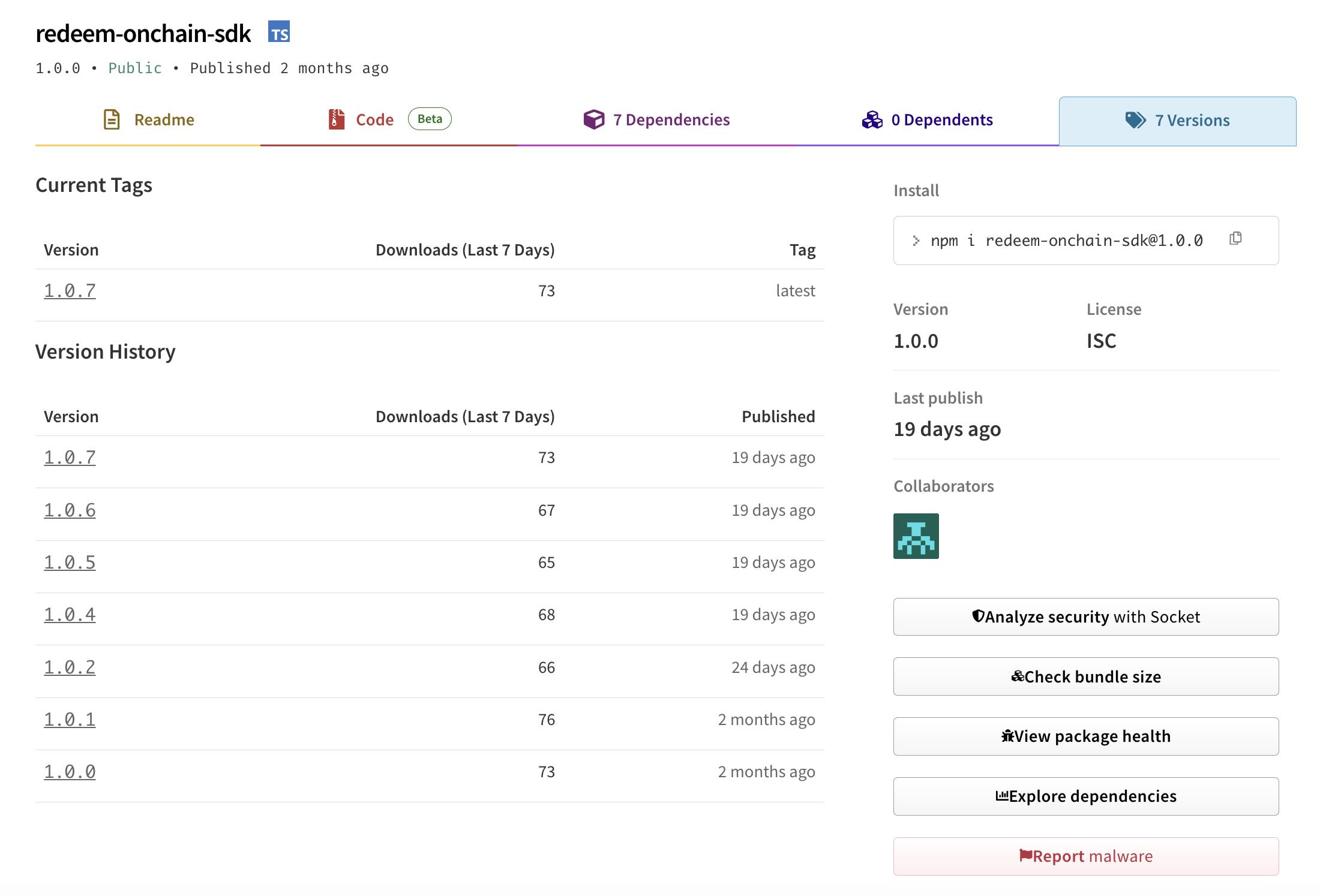 redeem-onchain-sdk versions