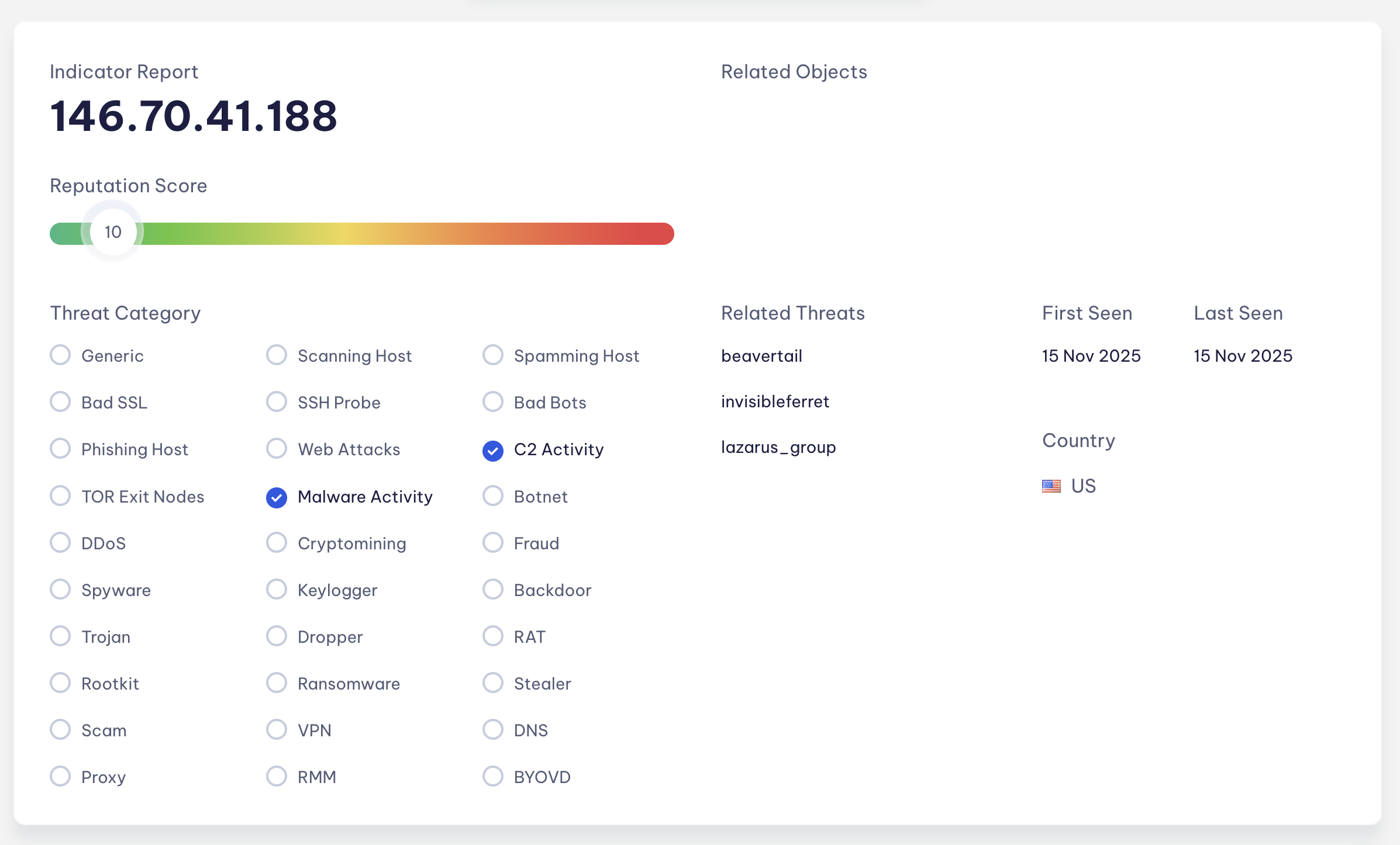 RST Cloud has flagged this IP as connected to Lazarus Group