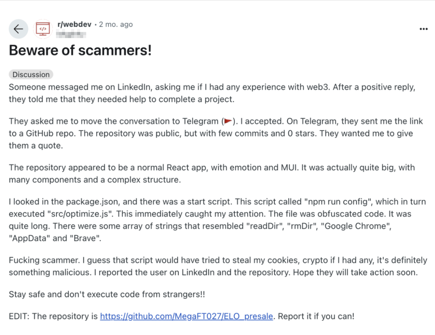 Malicious Dictionary Reddit Post