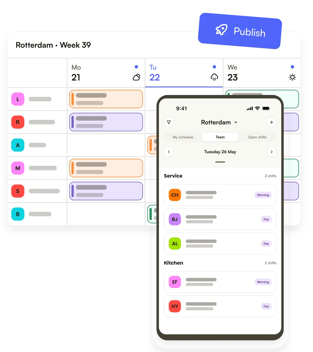 The week schedule with the Publish button, and the team's shifts for the day in the mobile app