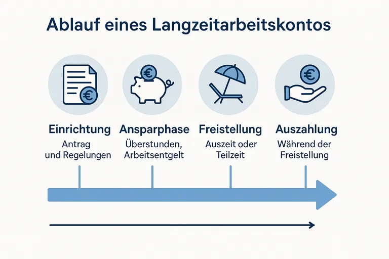 Ablauf eines Langzeitarbeitskontos – Zeitstrahl von Einrichtung bis Auszahlung