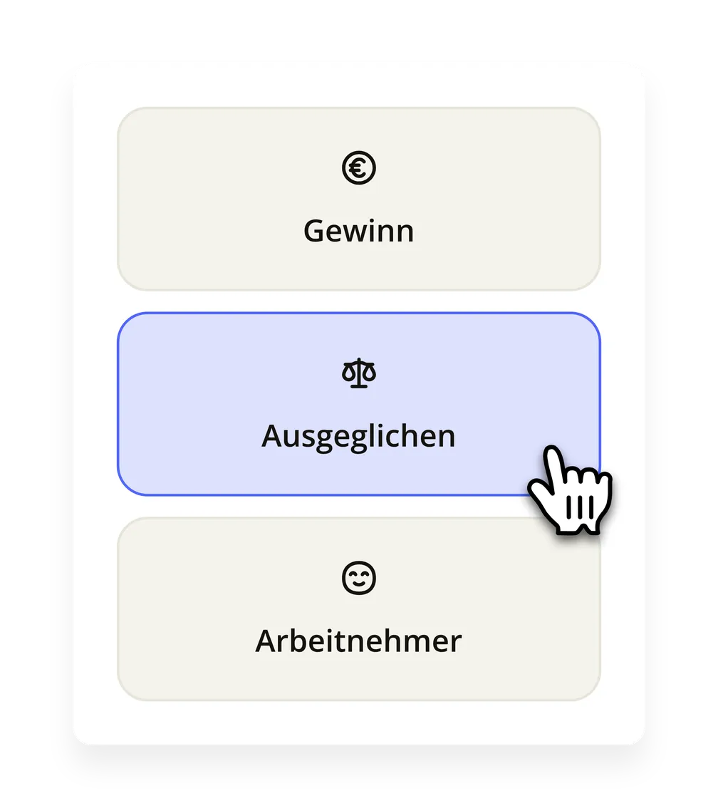 Die drei Strategien Gewinn, Ausgeglichen und Arbeitnehmer, mit Ausgeglichen ausgewählt