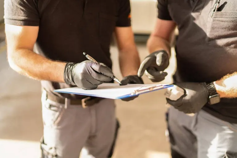 Technicians discussing field service in a workshop