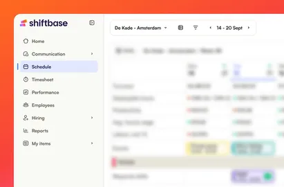La nueva barra lateral de Shiftbase: inicio, comunicación, cuadrante (seleccionado), hojas de horas, rendimiento, empleados, contratación, informes y mis elementos, junto al cuadrante de De Kade - Amsterdam