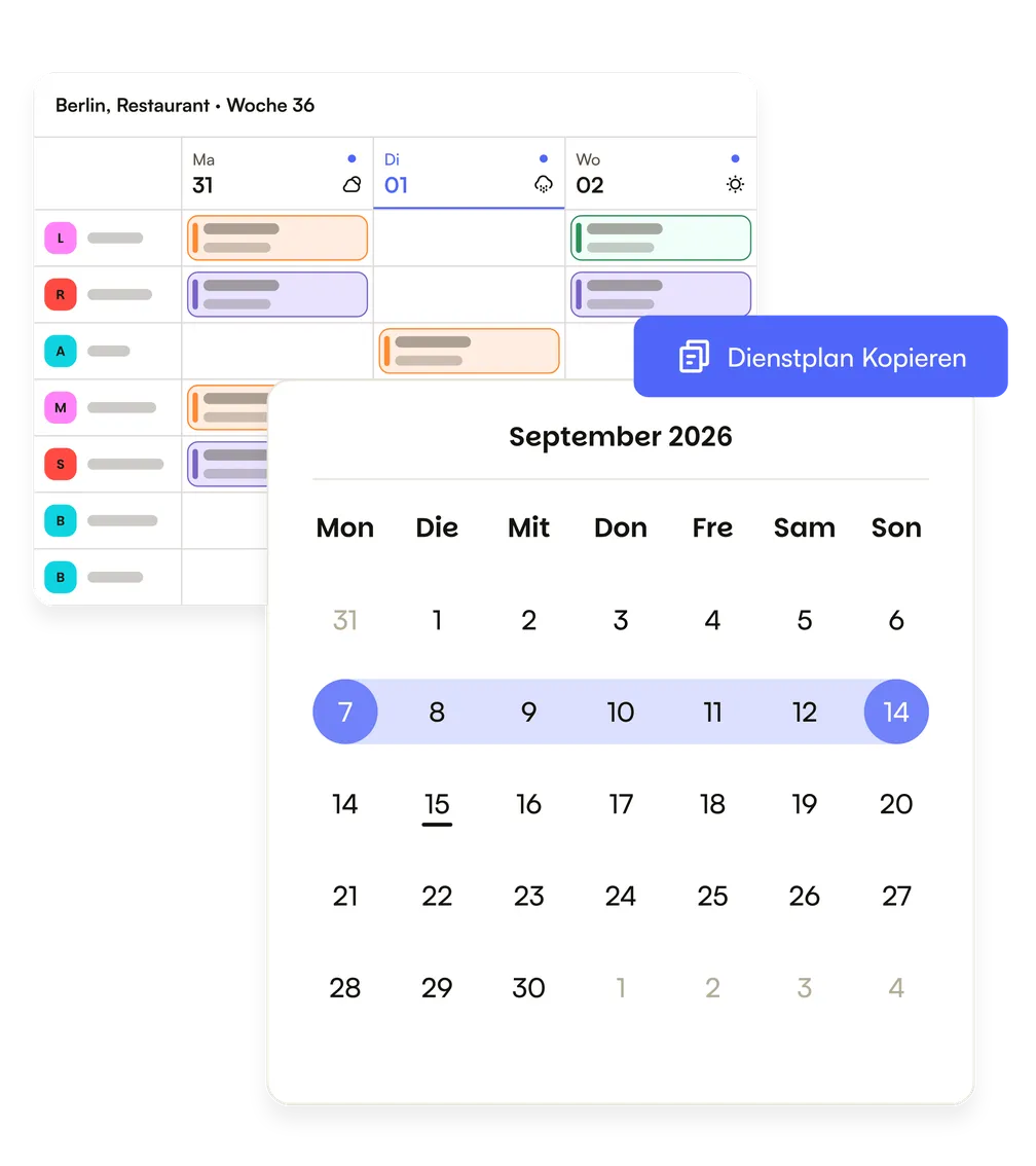 Eine Schichtwoche wird in die nächste kopiert, mit dem Kalender offen auf der Zielwoche