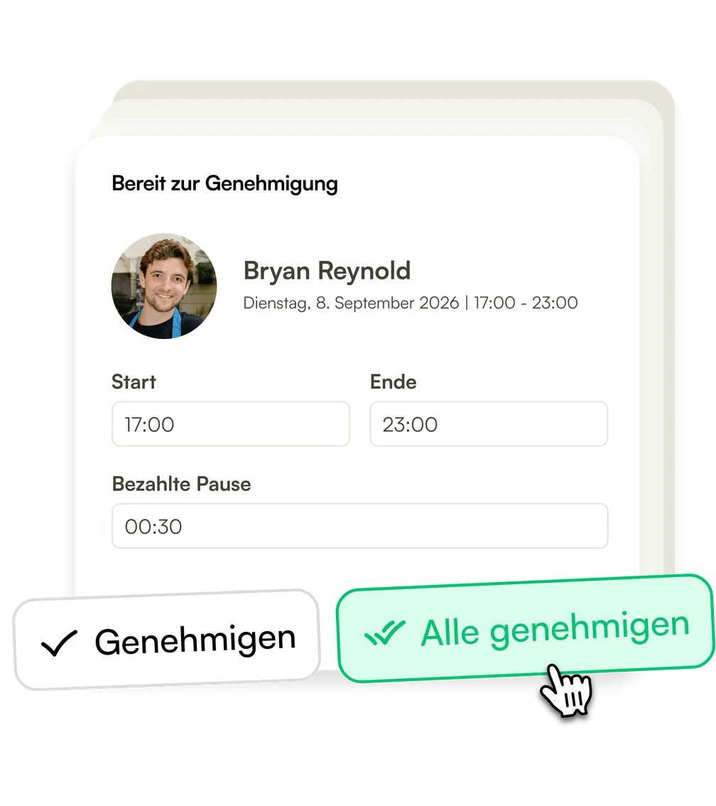 Eine Schicht bereit zur Freigabe mit Beginn, Ende und bezahlter Pause, und der Option, die ganze Woche auf einmal freizugeben