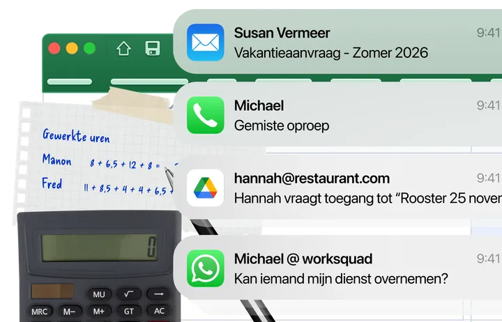 Een papieren rooster, een spreadsheet en een WhatsApp-bericht