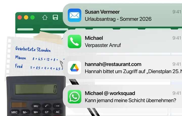 Ein Papier-Dienstplan, eine Tabelle und eine WhatsApp-Nachricht