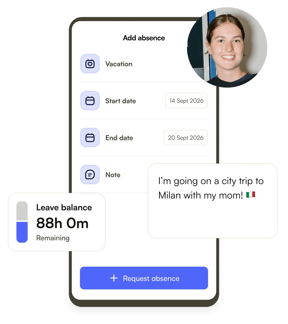 Someone requesting time off in the mobile app — dates, a note and the leave balance they have left