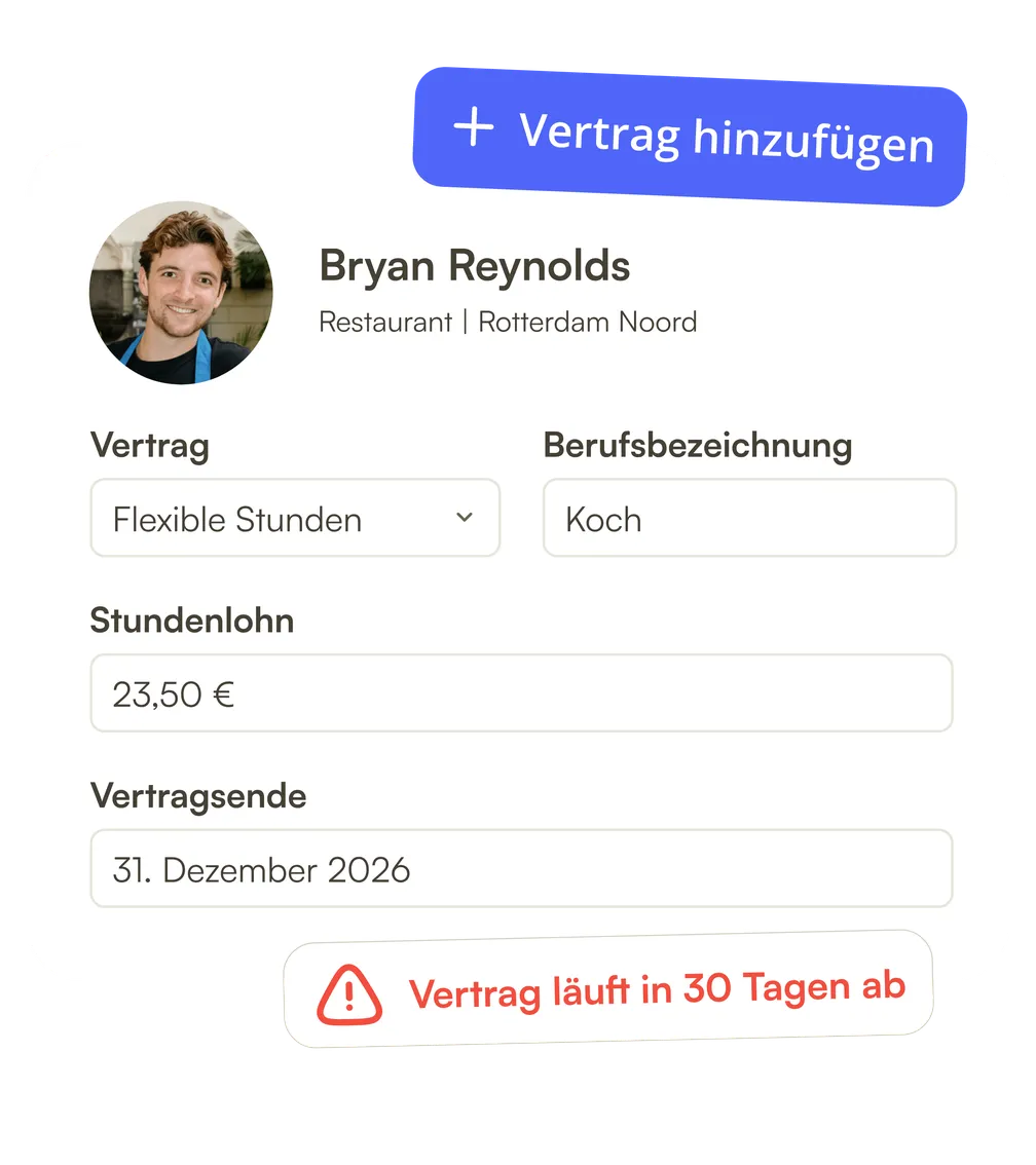 Eine Personalakte mit Vertragsart, Berufsbezeichnung, Stundenlohn und Vertragsende