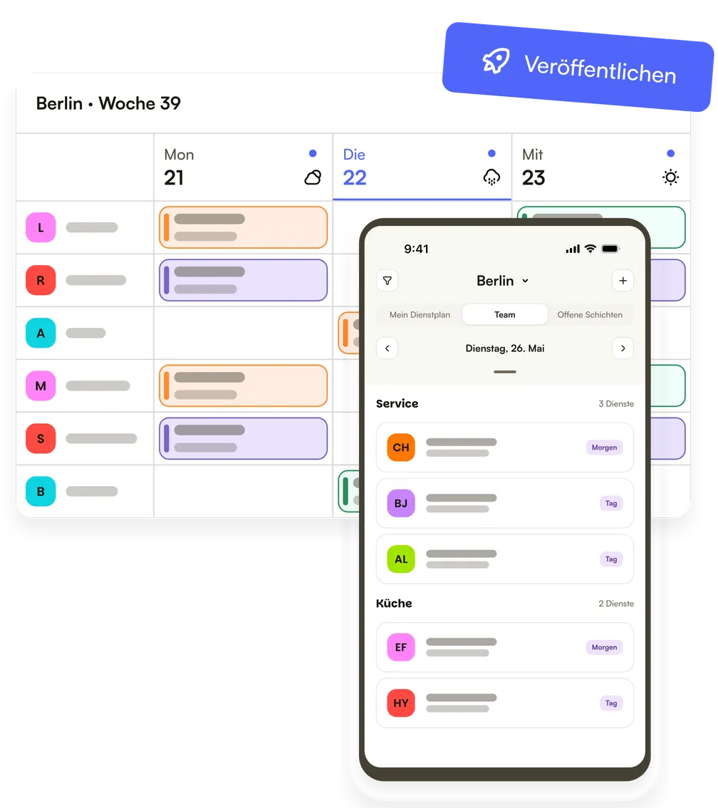 Der Wochendienstplan mit der Schaltfläche Veröffentlichen, und die Schichten des Teams für den Tag in der App