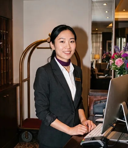 A hotel receptionist at the front desk