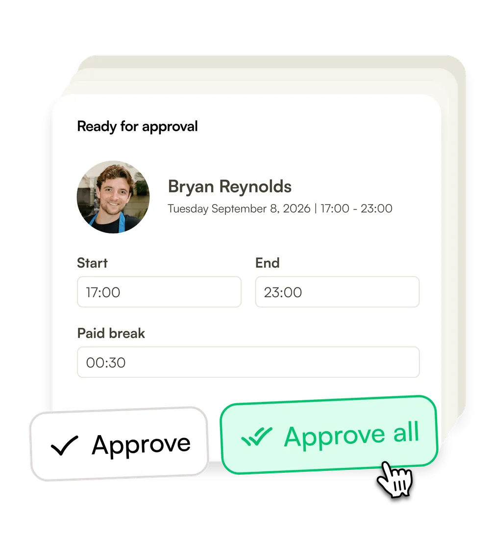 A timesheet ready for approval, 17:00 to 23:00 with a 30-minute paid break, and the buttons Approve and Approve all