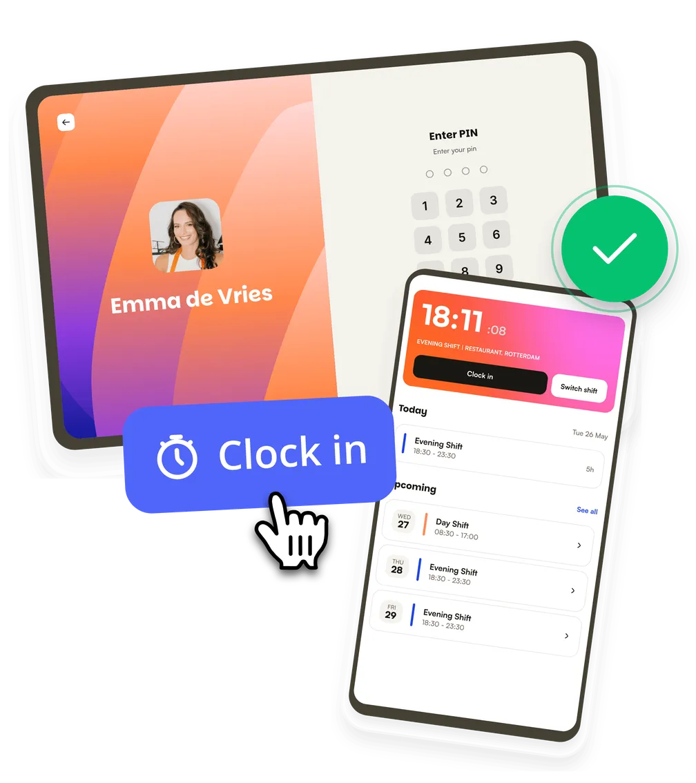 Emma de Vries ficha con su PIN en el quiosco y su móvil muestra el turno de noche, que empezó a las 18:11
