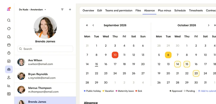 One employee's absence year in Shiftbase: the calendar, the requests and the balances left