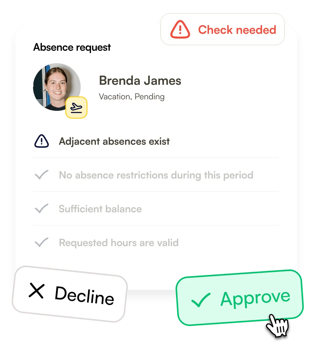 Brenda James's absence request, flagged for adjacent absences, with buttons to decline or approve it
