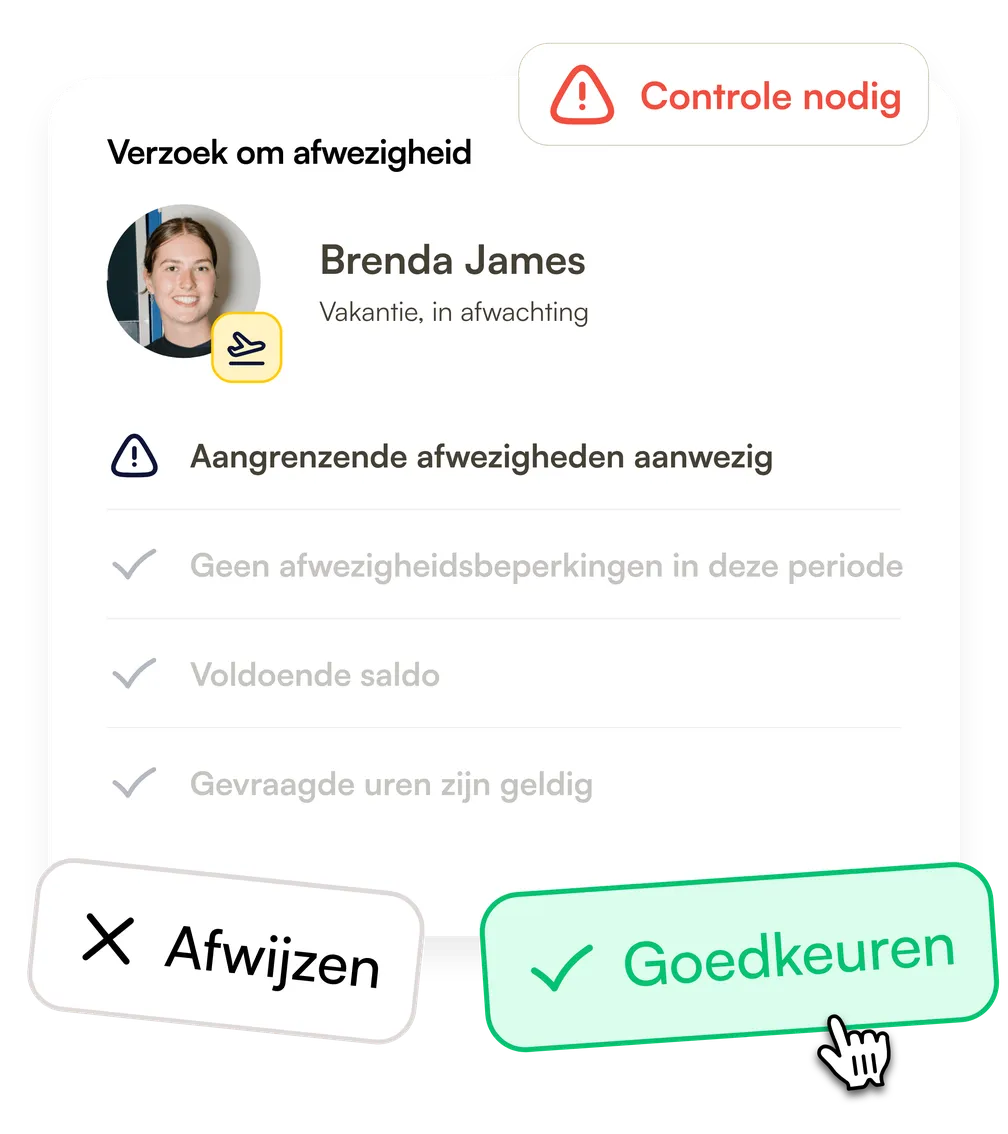 De verlofaanvraag van Brenda James, gemarkeerd vanwege aangrenzende afwezigheden, met knoppen om af te wijzen of goed te keuren