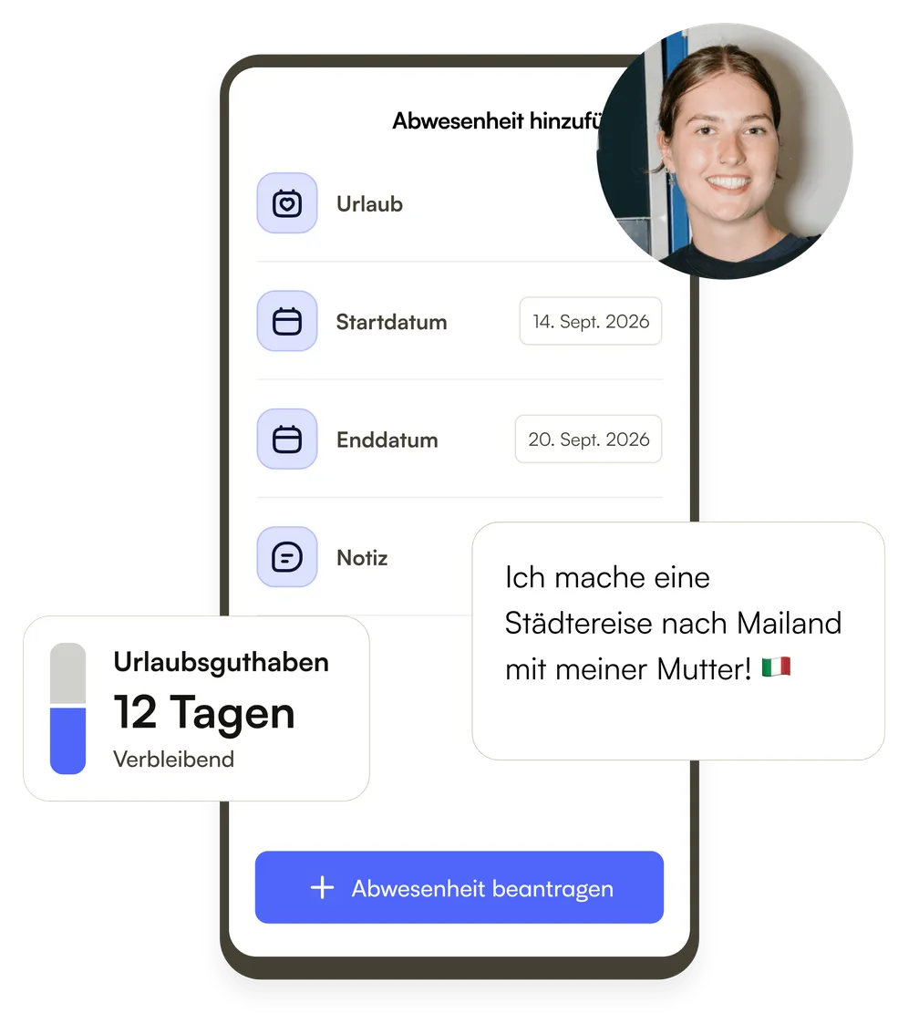 Eine Mitarbeiterin beantragt in der App Urlaub für eine Städtereise nach Mailand, mit ihrem Urlaubsguthaben daneben