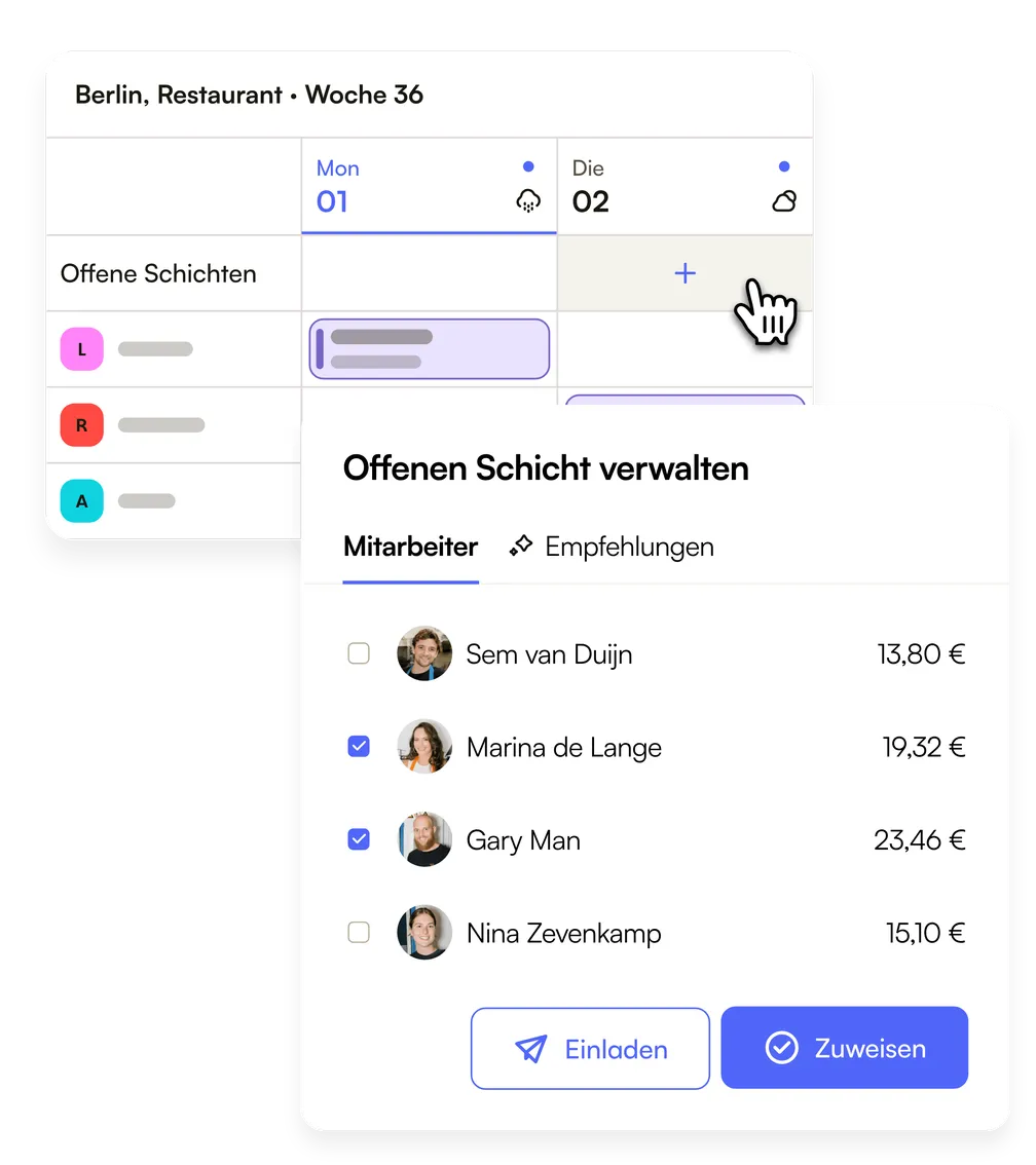 Eine offene Schicht im Dienstplan, mit den Mitarbeitenden zum Einladen oder Zuweisen und ihren Stundenlöhnen